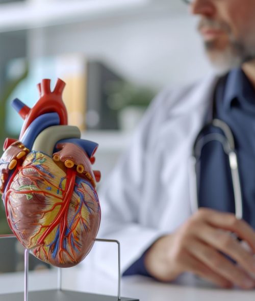 doctor-examining-detailed-heart-model-with-stethoscope-modern-medical-clinic